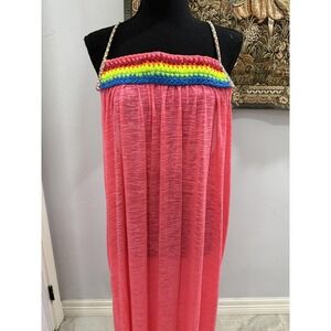 Pitusa Dress Womens Petite Pink Sheer Maxi Sundress Rainbow Trim Ruffle Beach